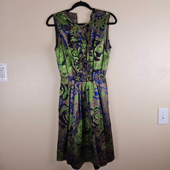 Etro Brilliant Bold Silk Dress Multi Color Blue Green Ruffle Front Size 10 - Picture 1 of 7